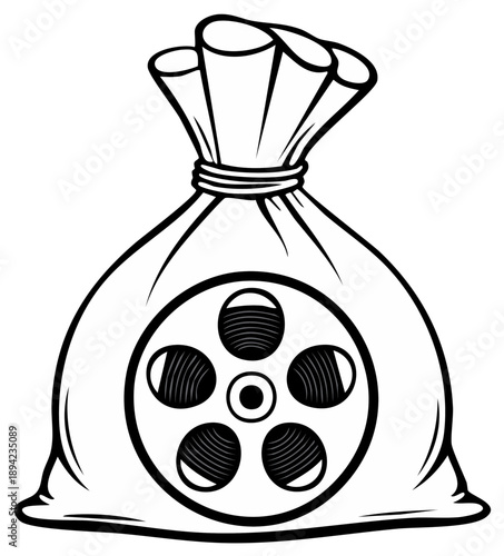 Bag of Movie Film Reels Outline Illustration Sack Cinema Entertainment Industry Concept