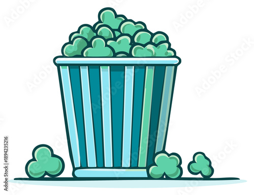 Vibrant blue and green illustration of a classic striped popcorn bucket overflowing with a cinema snack.