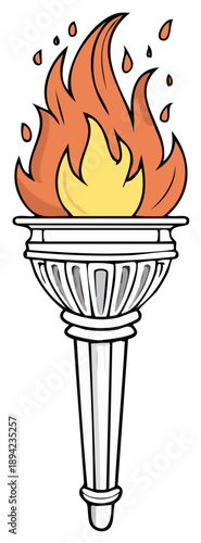 Burning Torch with Vivid Flames, Symbol of Light and Victory, Cartoon Style