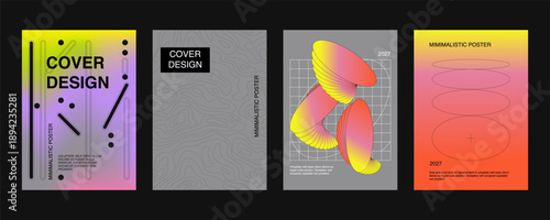 Posters with gradient minimalistic basic figures, extraordinary graphic assets of geometrical shape. Modern minimal colorful print brutalist.