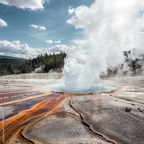 Old Faithful Erupts at Yellowstone National Park, Creating Steam and Water Fr...