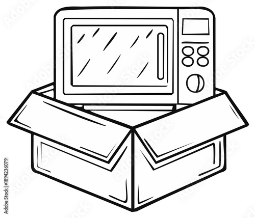 Microwave Oven in Cardboard Box Line Art New Appliance Home Illustration