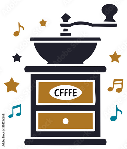 Coffee grinder and musical notes with stars illustration