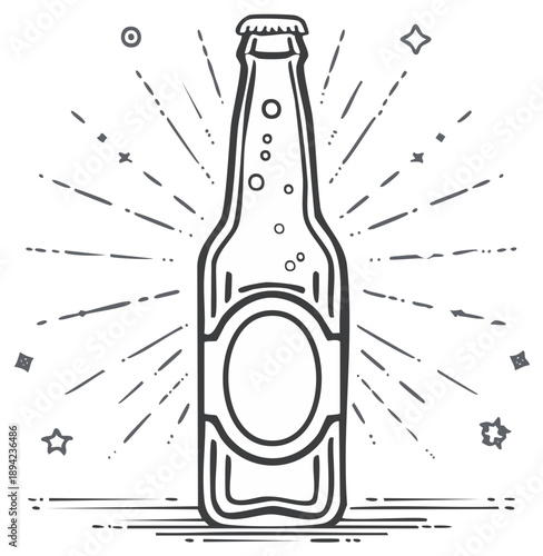 Retro beer bottle illustration with radiant sunburst and bubbles, vintage style.