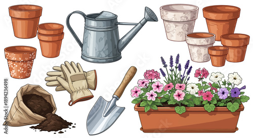 Gardening tools and flowers arranged neatly with pots, watering can, and soil on a clean surface