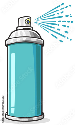 Cartoon Spray Can Spraying Teal Liquid Droplets and Stream