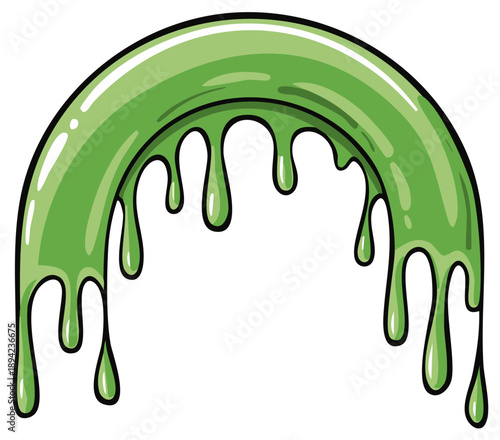 Bright green viscous slime dripping in a curved arch shape with a cartoonish outline