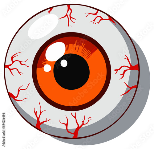 Cartoon eyeball with red bloodshot veins and bright orange iris