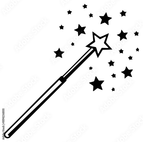 Magic wand with star bursting with stars for wish or fairytale concept drawing