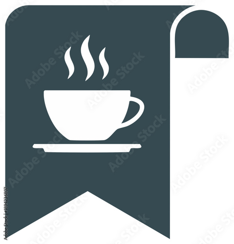Steaming hot coffee or tea cup on a bookmark ribbon icon vector illustration