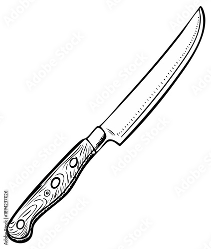 Kitchen knife illustration. Hand drawn steak knife with wooden handle