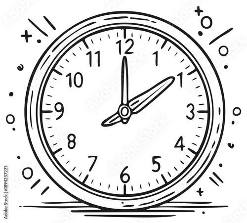Hand drawn illustration of a classic analog clock showing time passing with artistic flourishes