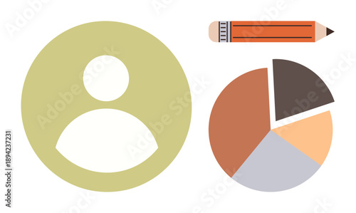 Data visualization, user profiles, data management, creativity, analytics, personalization. A user icon, pie chart and pencil. Data visualization and user profiles concepts