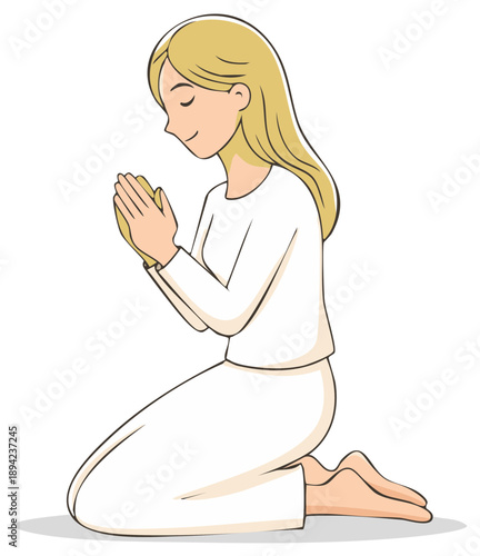 Woman Kneeling with Hands Clasped Together in Prayer Spirituality Hope Illustration Concept Art
