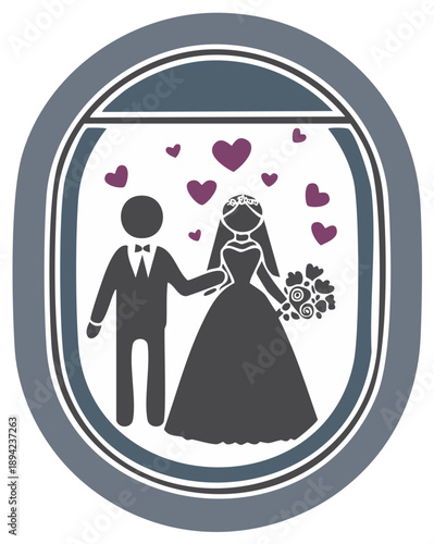Illustration of a newly married couple inside a frame surrounded by floating hearts.