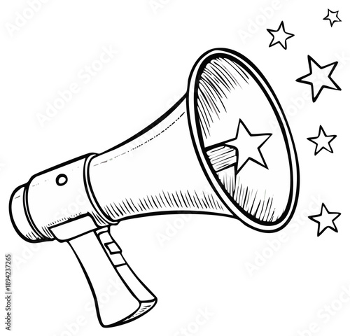 Illustration of a Megaphone with Stars Symbolizing Promotion or Announcement Sketch Style