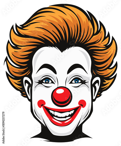 Cartoon Clown Face with Orange Hair and Red Nose Smiling for Circus Festival or Party Illustration