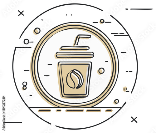 Modern hand drawn coffee cup with straw and coffee bean in doodle style illustration