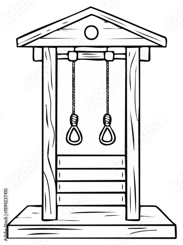 Wooden gallows with two hanging nooses line art illustration
