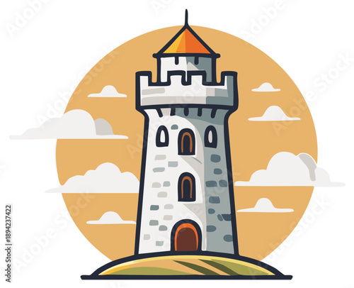 Stylized Stone Lighthouse Cartoon Illustration with Clouds and Circle Backdrop