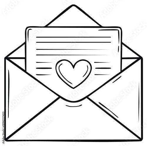Hand drawn illustration of an open envelope with a love letter inside featuring a heart symbol