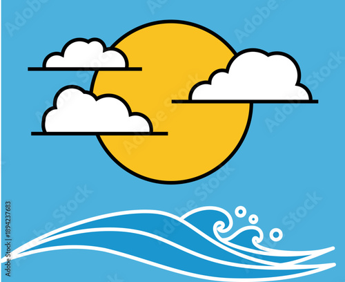 Minimalist Summer Sea Landscape, Modern Nautical Background with Sun and Waves, Stylized Ocean Sunset Flat Design Flat illustration of a yellow sun with clouds over blue ocean waves.
