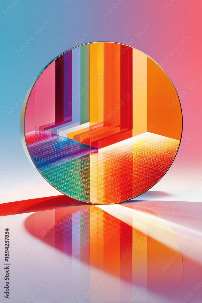 Obraz premium Colorful rainbow circle mirror with geometric reflection and vibrant color spectrum artwork