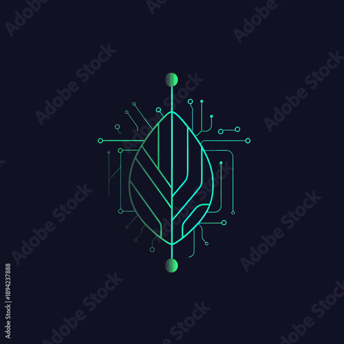 Abstract leaf with circuit board lines illustration for technology and nature