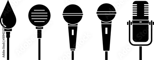 Set of black silhouettes featuring various professional microphones including dynamic, condenser, and vintage studio mics for podcast and music recording.