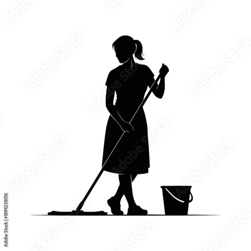 Silhouette of woman cleaning floor isolated on transparent background.