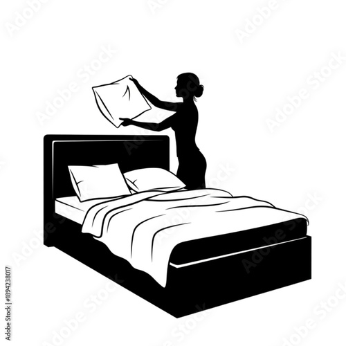 Woman making a bed with sheet isolated on transparent background.