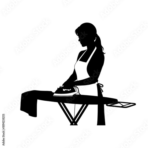 Woman ironing clothes on ironing board isolated on transparent background.