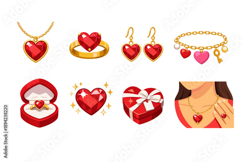 Heart-themed jewelry collection vector illustrations