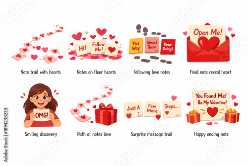 Romantic surprise notes and gifts illustration set