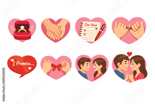 Romantic commitment heart-shaped icons set