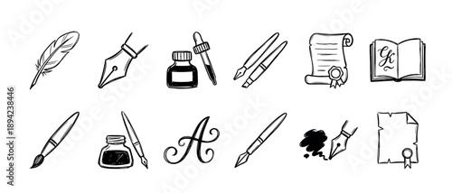 Hand-drawn set of vintage writing and calligraphy tools featuring a feather quill, ink bottle, fountain pen nib, scroll, and book, illustrated in a simple black ink doodle style