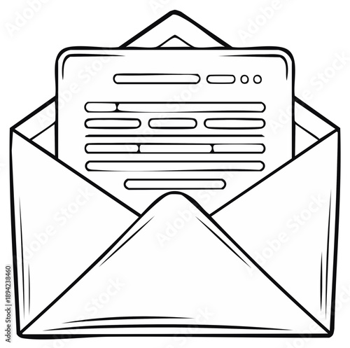 Black and white line art of an open envelope with a document inside