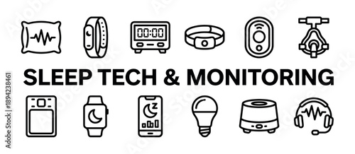 Collection of black line icons representing sleep technology and monitoring gadgets for health, including a smart pillow, tracker, CPAP mask, and wellness app