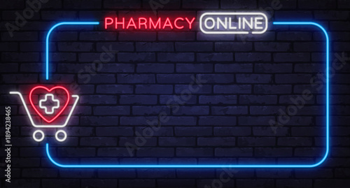 Neon pharmacy online sign with medical cart icon on dark brick background. Healthcare concept ideal for online drugstores, delivery services, or promo designs.