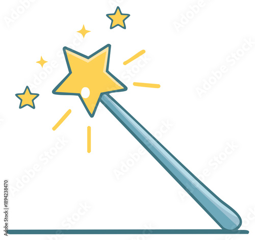 Cartoon Illustration of Magic Wand with Stars, Fantasy Element for Design Projects