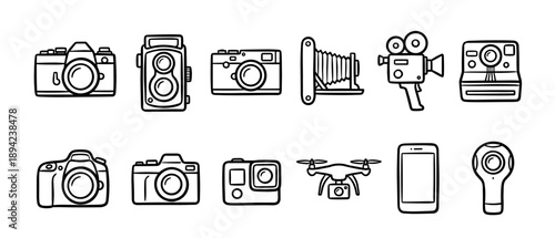 Hand-drawn black line art camera icons showing a collection of vintage and modern photography equipment including DSLR, drone, action cam, and smartphone in a simple doodle style