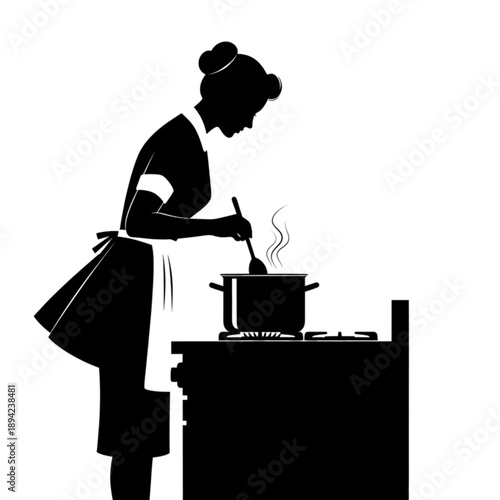 Woman cooking in the kitchen stirring isolated on transparent background.
