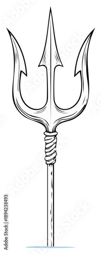 Powerful trident of a mythological sea god, black and white line art illustration.