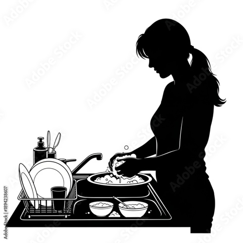 Woman Washing Dishes in Kitchen Sink isolated on transparent background.