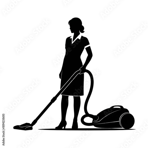 Woman using a vacuum cleaner isolated on transparent background.