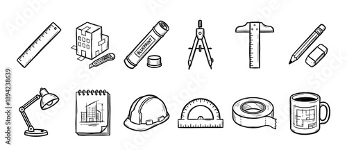 Hand-drawn collection of architecture and engineering tools including a hard hat, blueprint, ruler, compass, and protractor, presented in a black and white doodle icon set