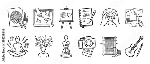 Set of hand-drawn black and white icons representing art therapy, creative hobbies, and mental well-being, including painting, pottery, music, photography, and weaving