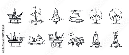 Offshore energy and maritime industry icons drawn in a black and white sketch style, featuring oil platforms, wind turbines, solar panels, a supply vessel, and various sea buoys