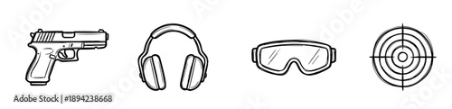 Shooting range equipment icon set featuring a handgun, hearing protection, safety goggles, and a target, illustrated in a simple black and white hand-drawn sketch style