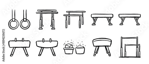 Set of artistic gymnastics equipment icons drawn in a simple black and white doodle style, including rings, parallel bars, pommel horse, vault, and balance beam for sports training